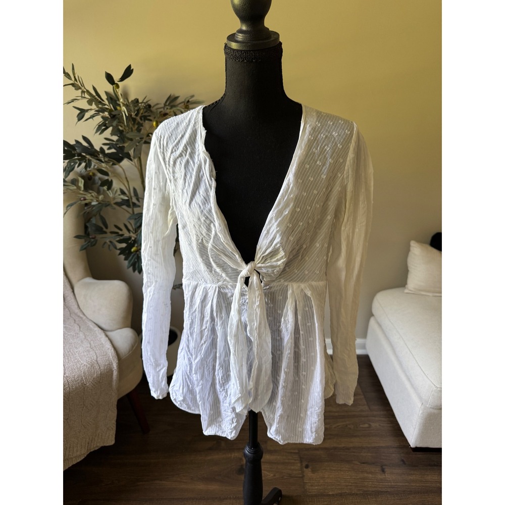 Cynthia Steffe White Swiss Dot Tie Front Button Down Peasant Blouse Small